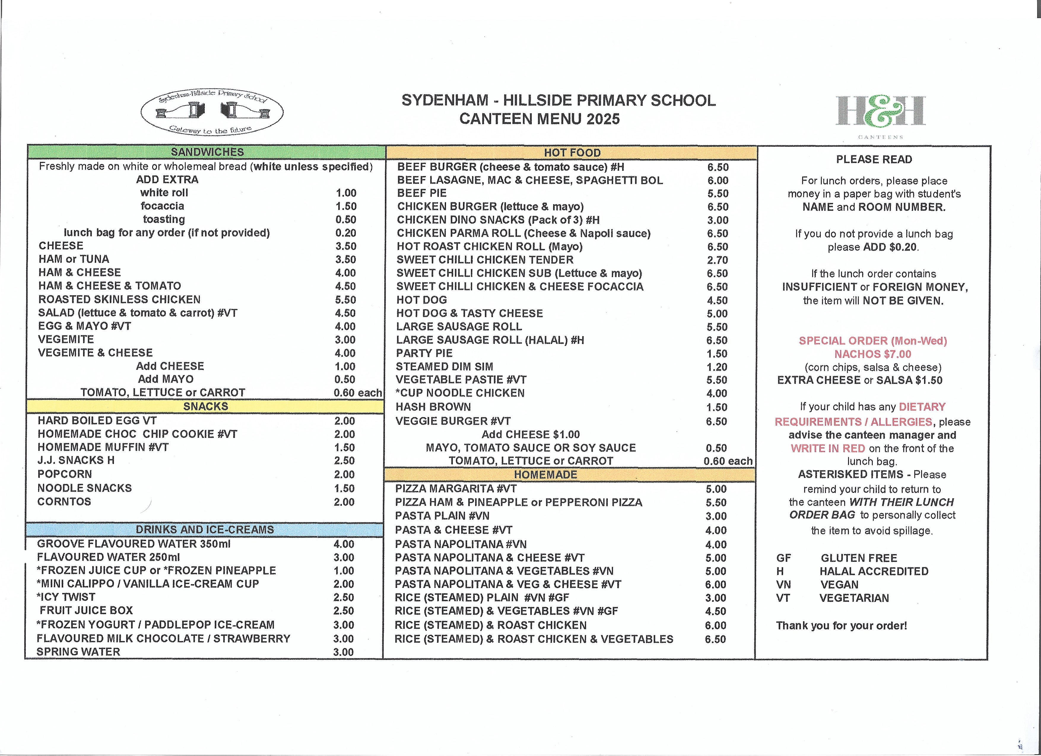 2025 Canteen Menu